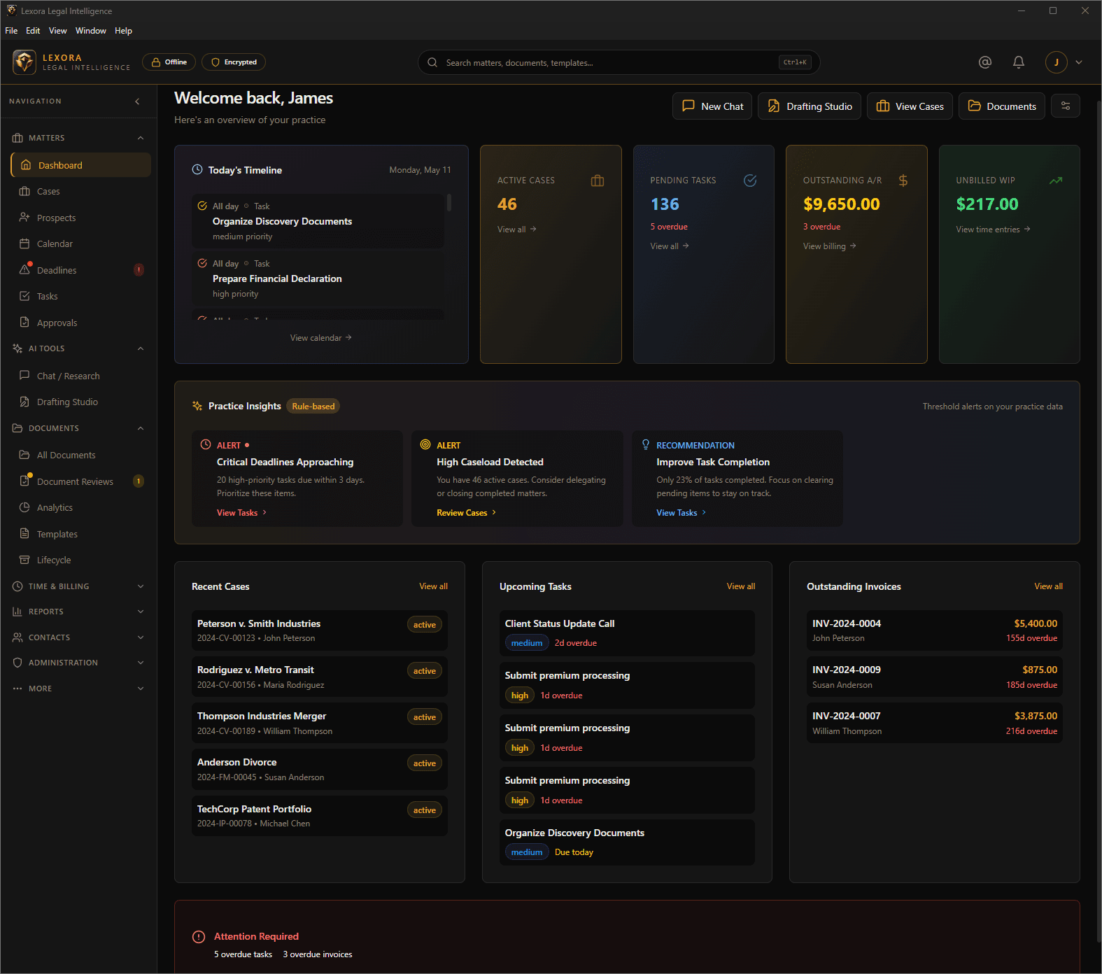 Tulgra dashboard — matter timeline, active cases, pending tasks, accounts receivable, and unbilled work in progress.